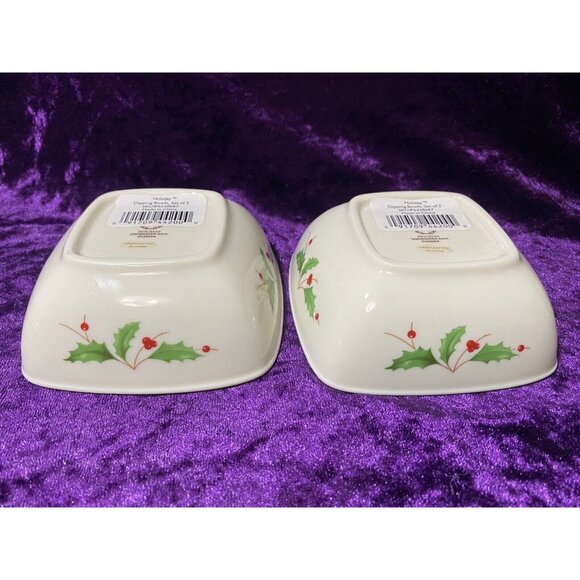 Lenox Holiday Christmas Dipping Bowl Set Of 2 Square Holly and Berry Design - Picture 3 of 8